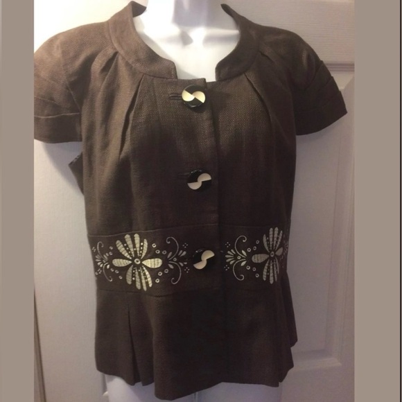 ELEVENSES Brown Linen Blazer Jacket Floral Ivory Anthropologie Workwear Office - Picture 7 of 7